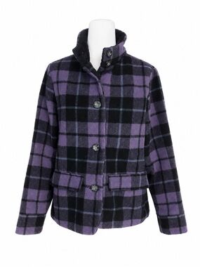 Vtg Woolrich Women M Purple Black Plaid Wool Jacket Quilted Sherpa Collar Coat